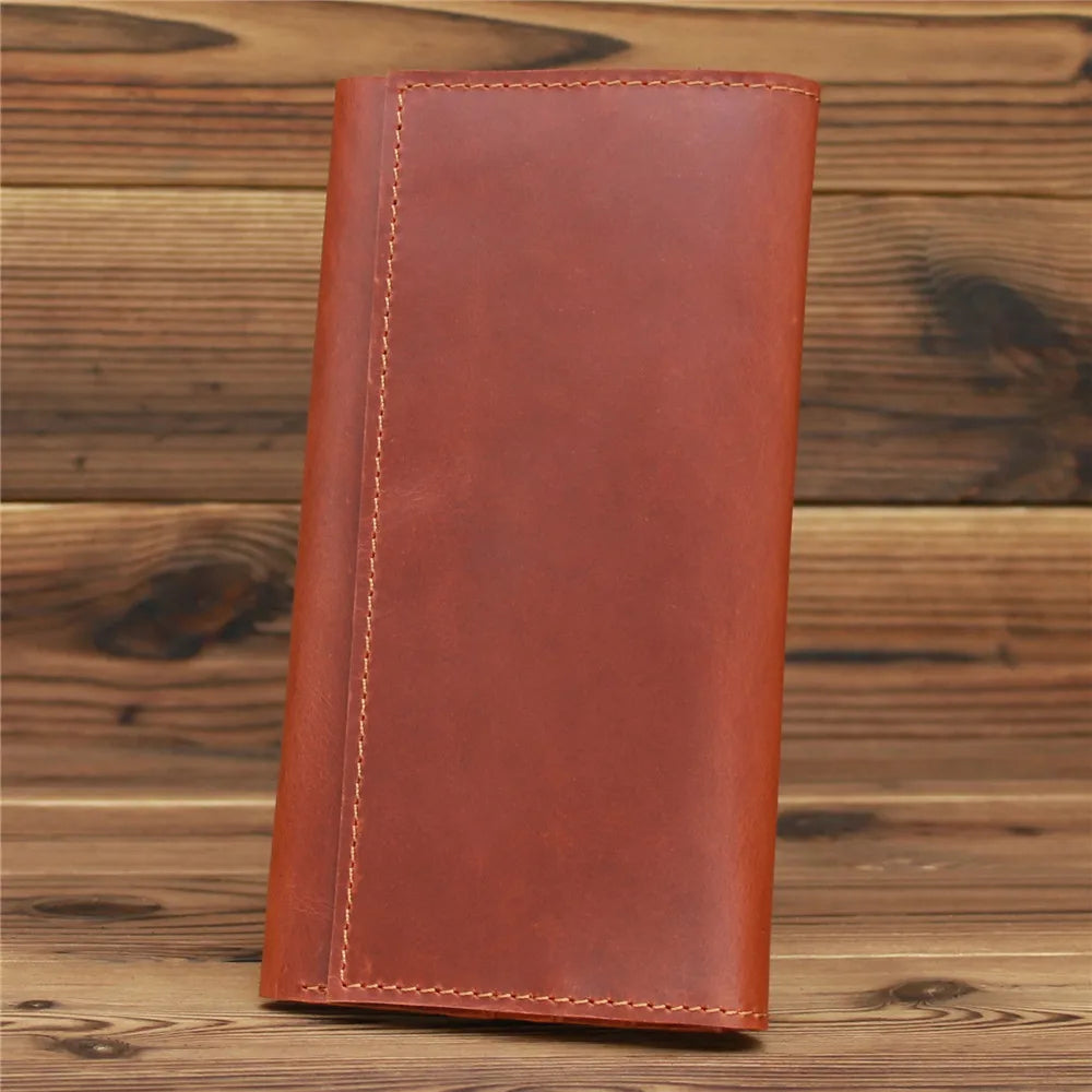 Men's Vintage Pull-Up Leather Long Wallet - Large Capacity Cowhide Clutch-Wallets & Money Clips-Reddish Brown-Free Shipping Leatheretro