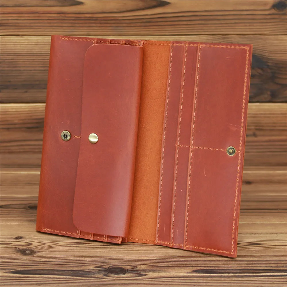 Men's Vintage Pull-Up Leather Long Wallet - Large Capacity Cowhide Clutch-Wallets & Money Clips-Reddish Brown-Free Shipping Leatheretro