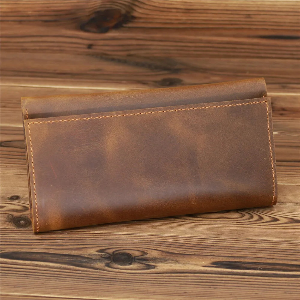 Men's Vintage Pull-Up Leather Long Wallet - Large Capacity Cowhide Clutch-Wallets & Money Clips-Reddish Brown-Free Shipping Leatheretro