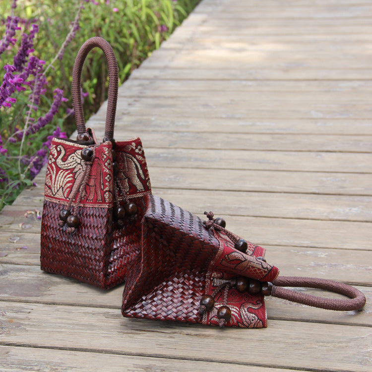Handwoven Straw Tote Bag Mini Beach Bag for Vacation, Summer, and Resort Wear-Handbags-C011 coffee red-Free Shipping Leatheretro