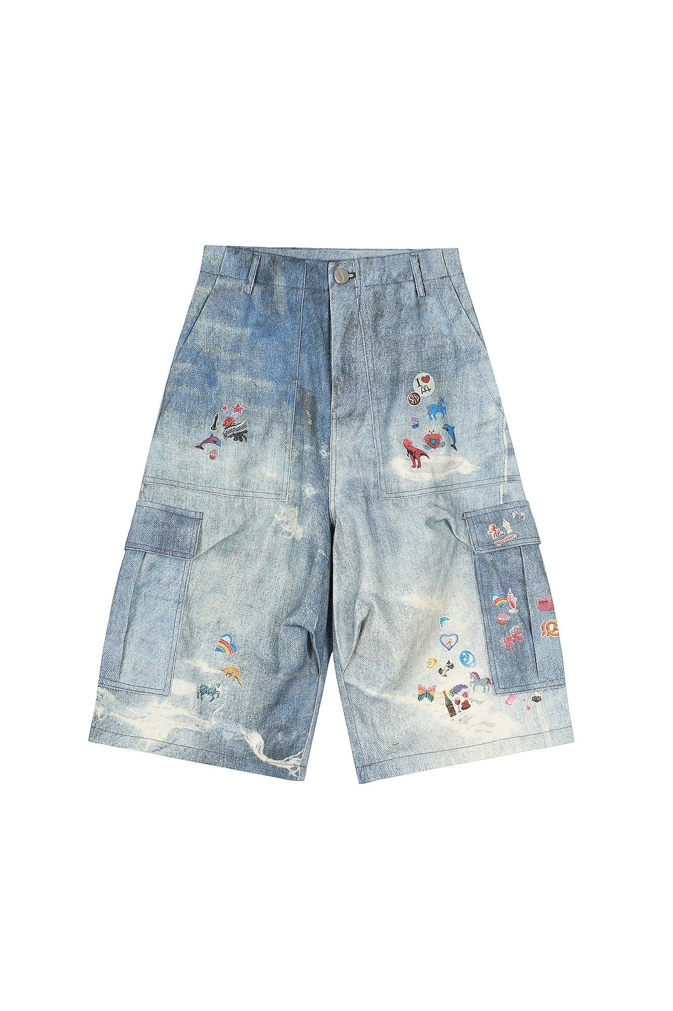 CLP Whimsical Distressed Stickers Cargo Denim Shorts-Shorts-S-Free Shipping Leatheretro