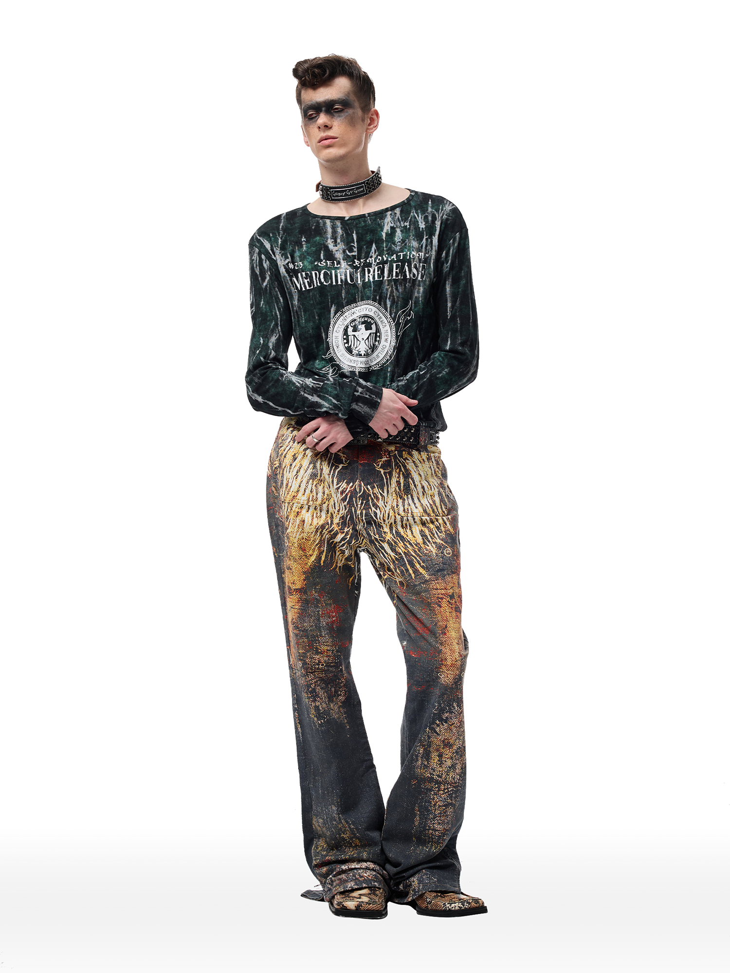 CYCYCY Feather Full-Print Slim Flared Jeans-Jeans-XXS / 27"-Free Shipping Leatheretro