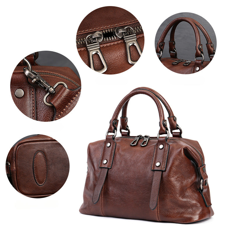 Women's Genuine Leather Zippered Tote Bag-Handbags-Bown-Free Shipping Leatheretro
