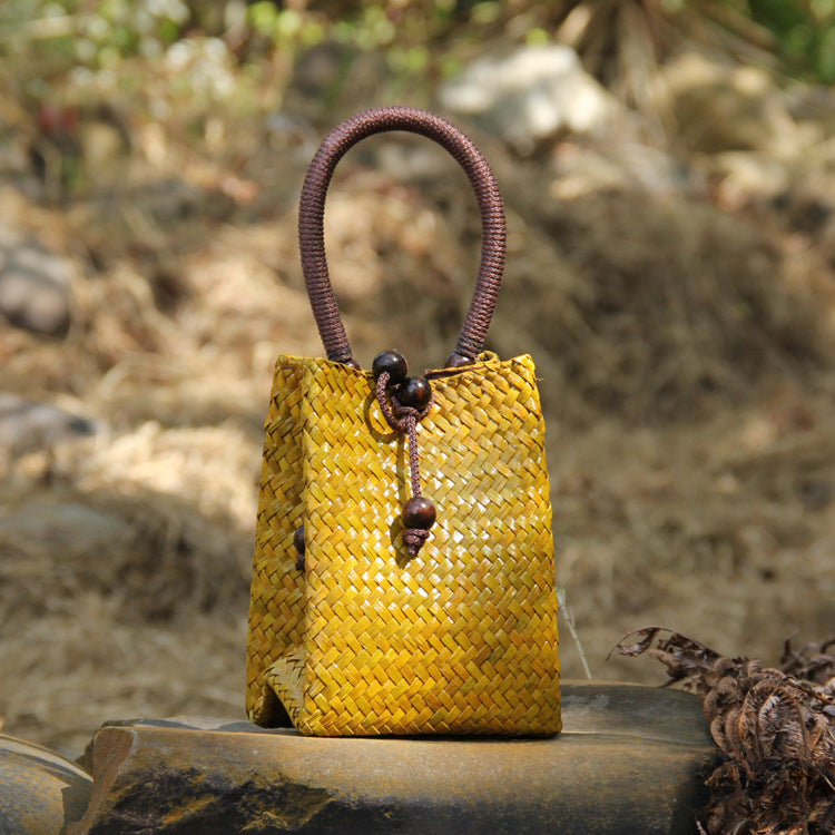 Handwoven Straw Tote Bag Mini Beach Bag for Vacation, Summer, and Resort Wear-Handbags-C011 coffee red-Free Shipping Leatheretro