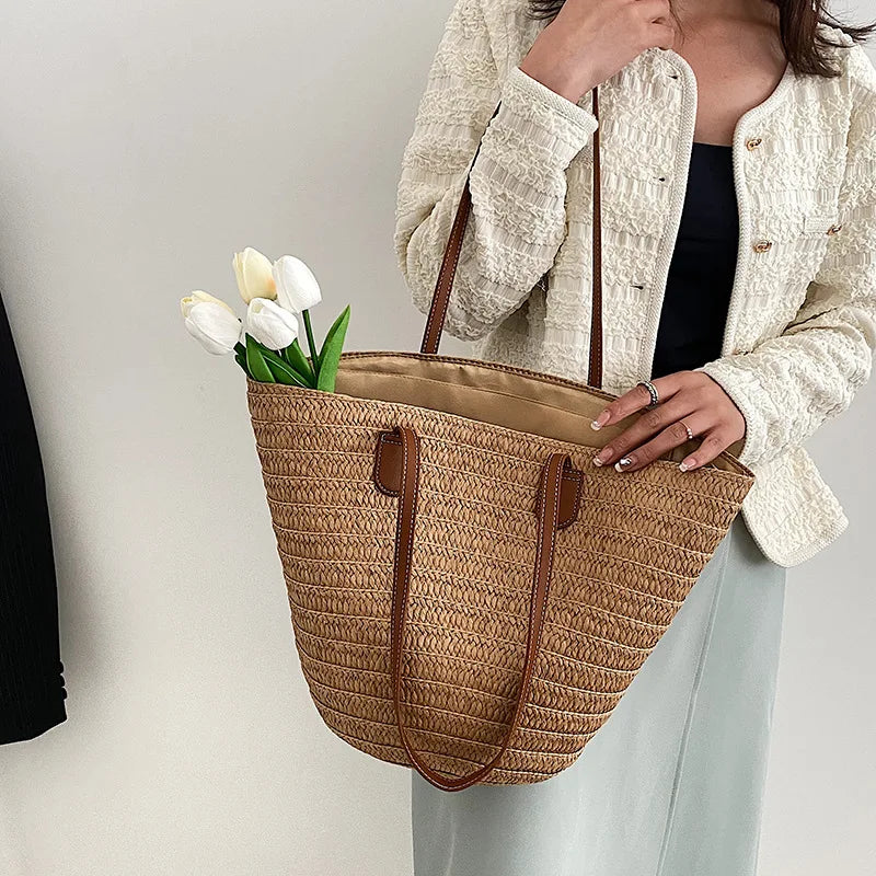 Luxury Designer Straw Tote Bag for Women-Tote Bag-Beige-Free Shipping Leatheretro
