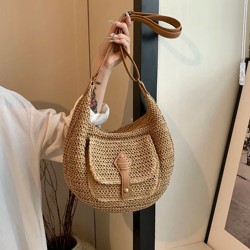 Straw Crossbody Bag Stylish Retro Vacation Look-Handbags-Beige-Free Shipping Leatheretro