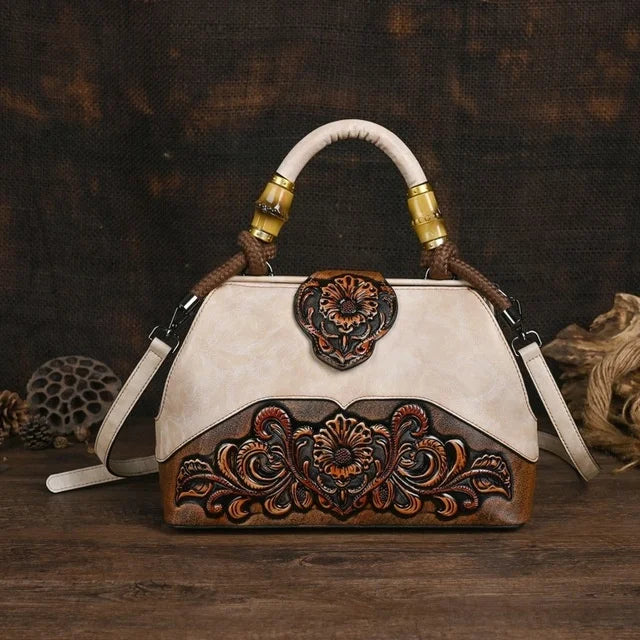 Women Leather Handmade Luxury Shoulder Handbag - Vintage Carved Ladies Bag-Beige-Free Shipping Leatheretro