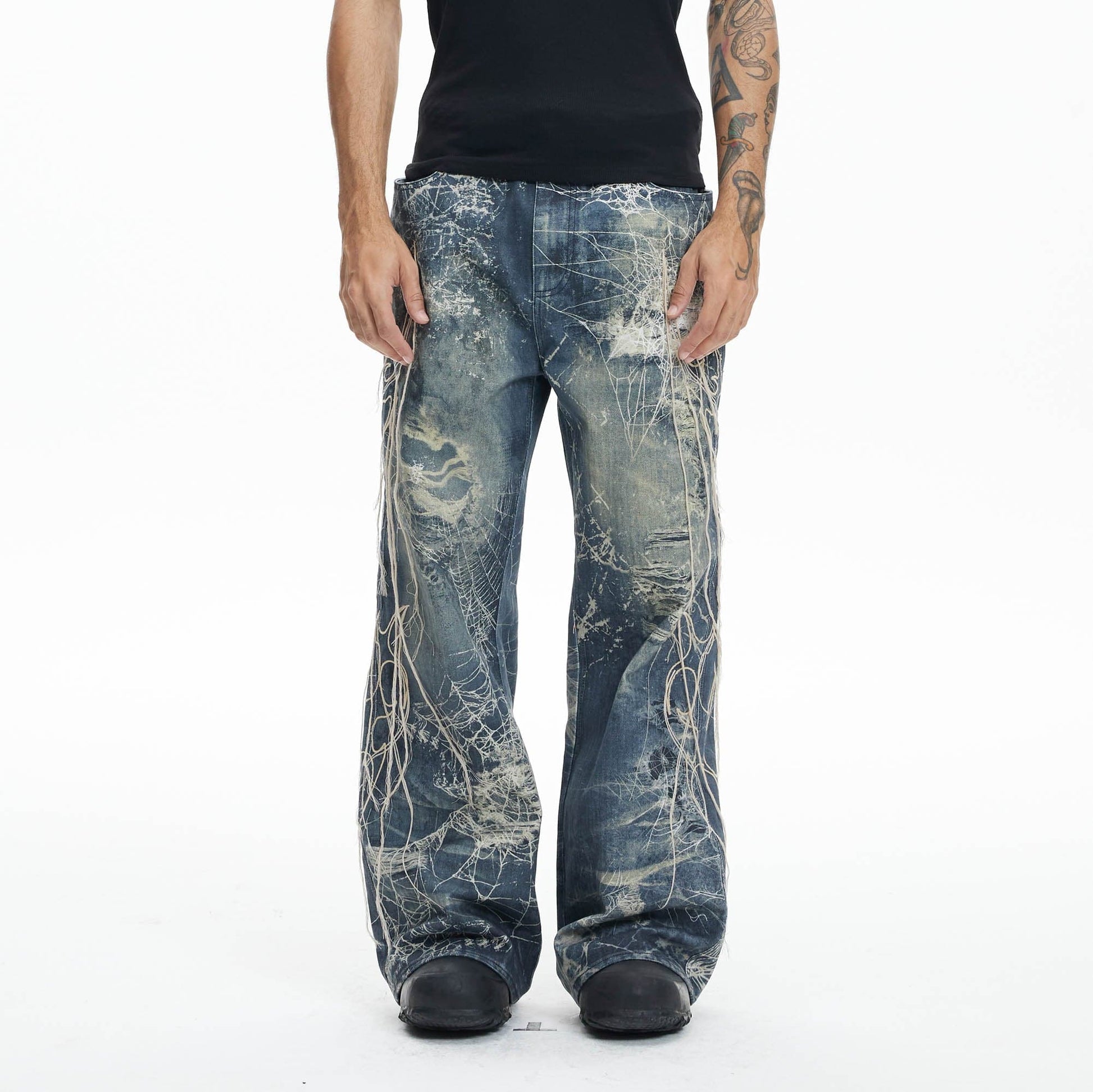 DND4DES Distressed Spider Web Embroidered Jeans-Jeans-XS-Free Shipping Leatheretro