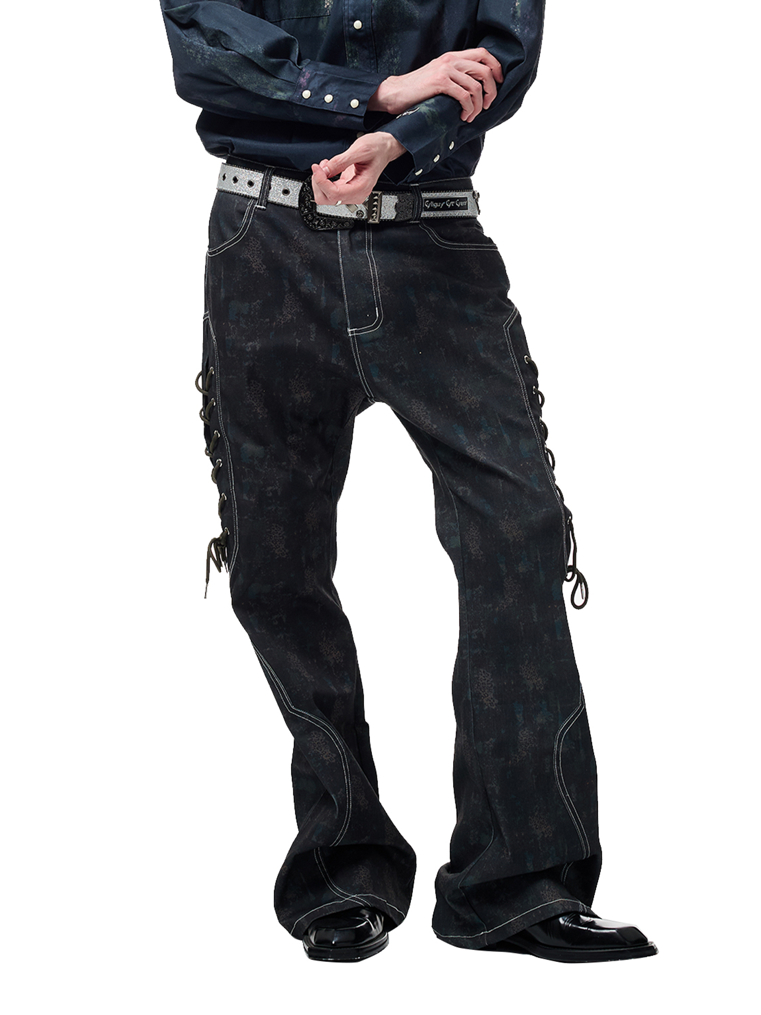 CYCYCY Wasteland Leopard Drawcord Flared Jeans-Jeans-XXS / 27"-Free Shipping Leatheretro