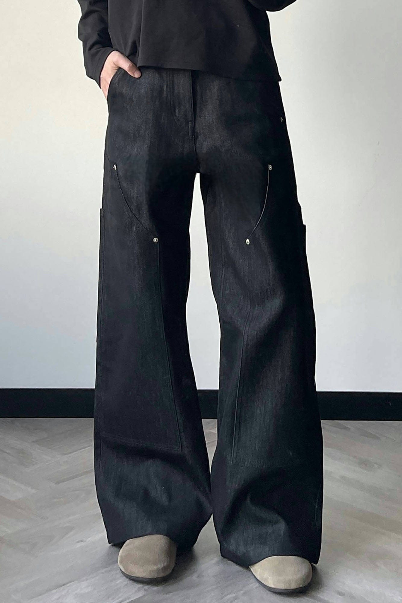 OKAYTHXBYE Paneled Double-Knee Wide-Leg Denim Pants-Jeans-S-Dark Blue-Free Shipping Leatheretro
