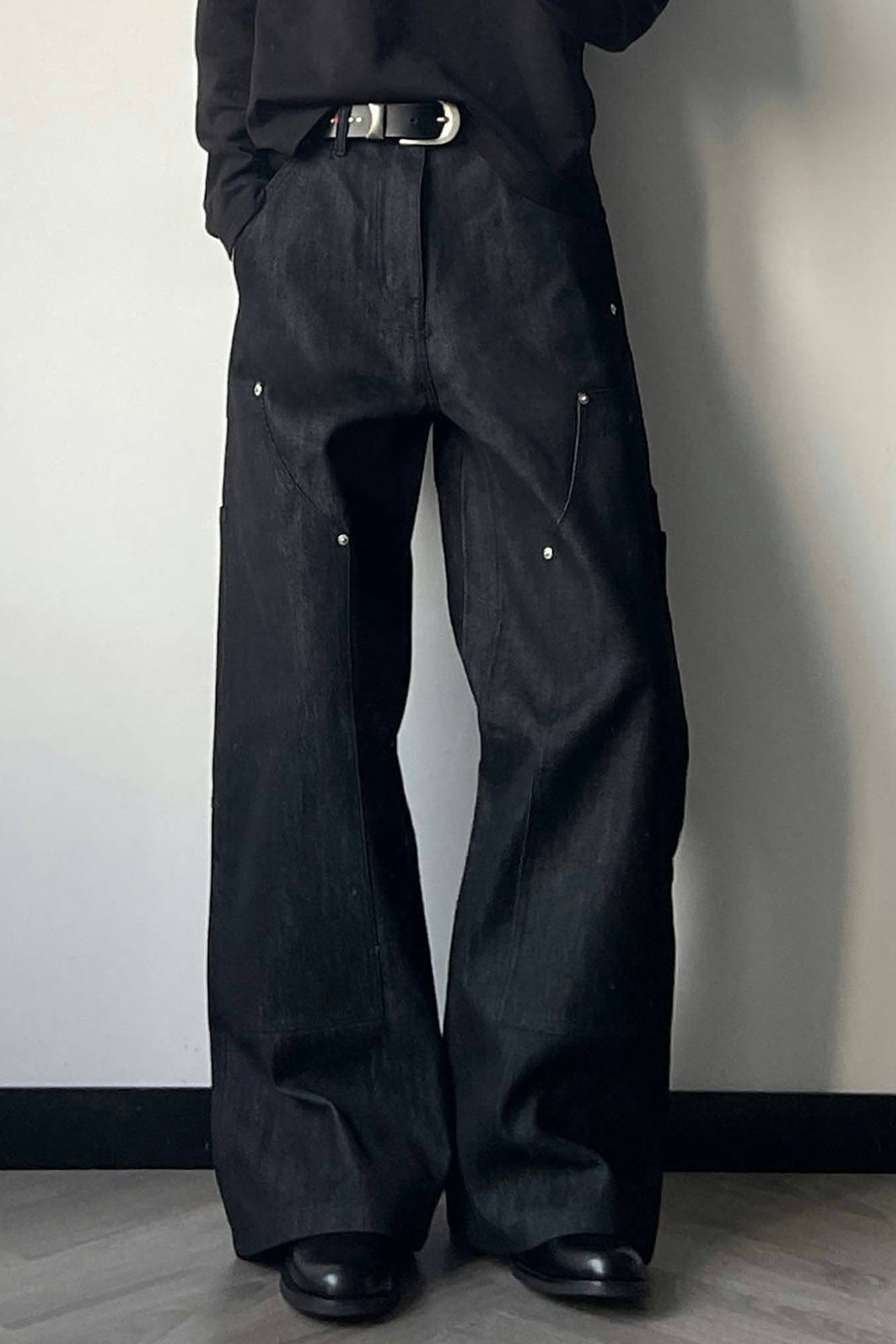 OKAYTHXBYE Paneled Double-Knee Wide-Leg Denim Pants-Jeans-S-Dark Blue-Free Shipping Leatheretro