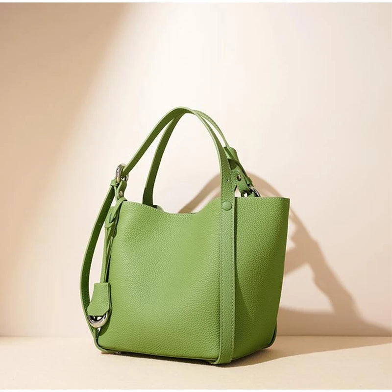 Genuine Leather Large Capacity Women's Bucket Handbag-Handbags-Green-Free Shipping Leatheretro