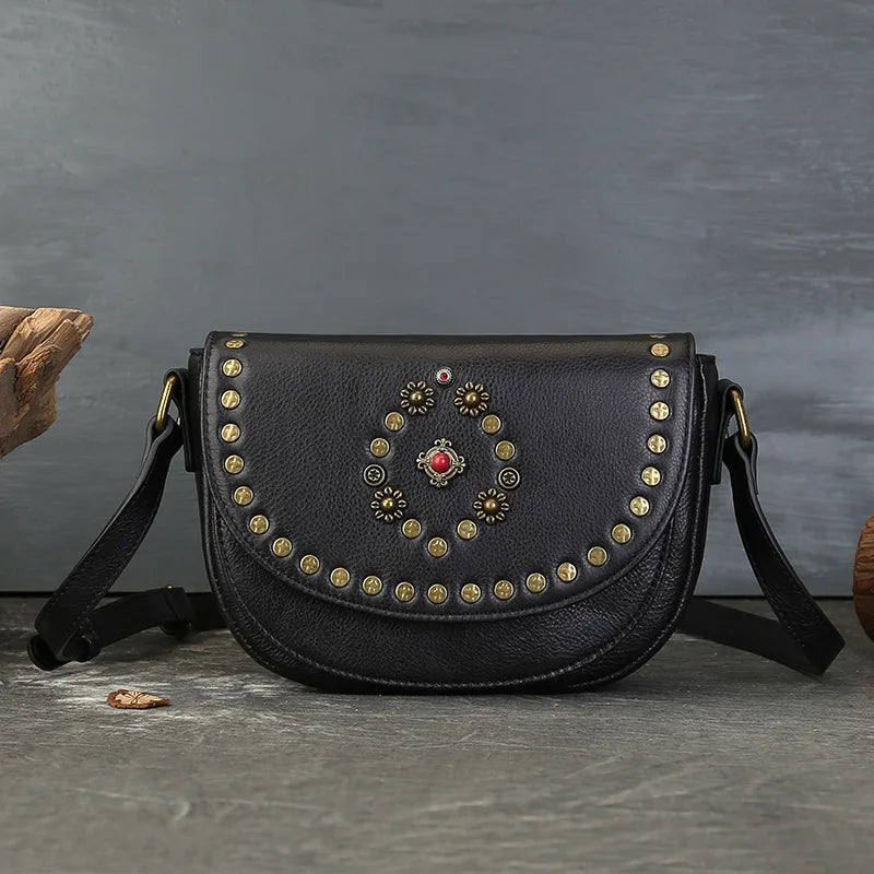 Genuine Leather Women's Saddle Bag - Retro Handmade Rivet Crossbody Bags-Handbags-Black-Free Shipping Leatheretro