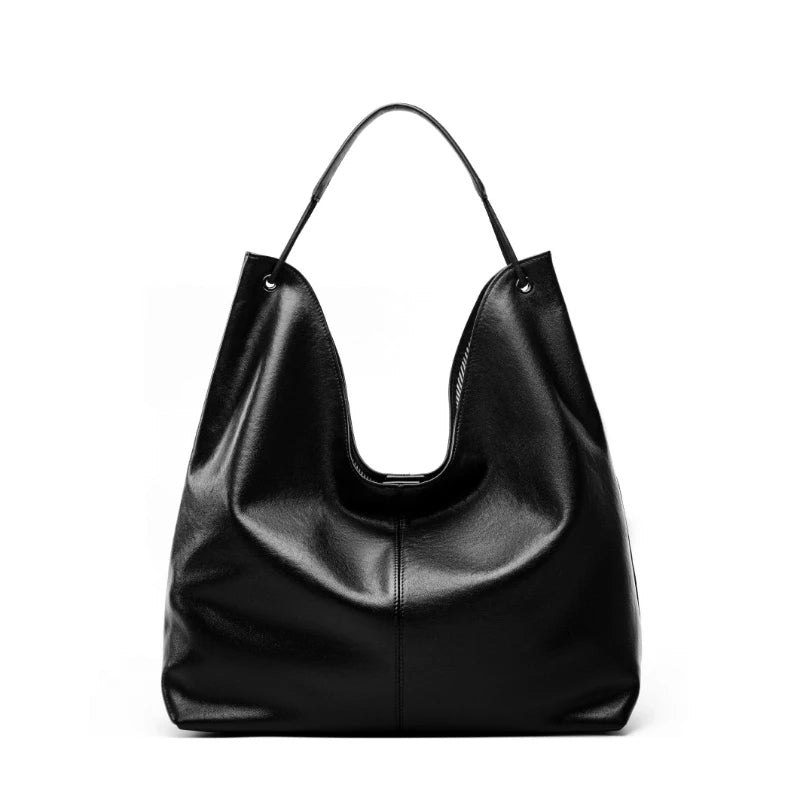 Cowhide Genuine Leather Large Hobo Shoulder Bag for Women-Handbags-Black-Free Shipping Leatheretro