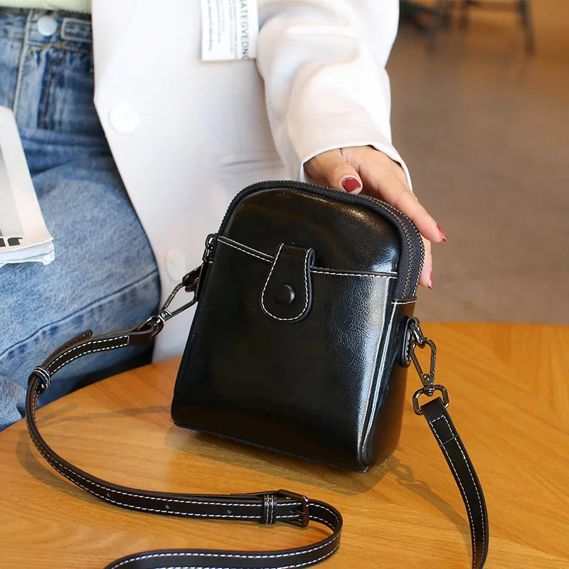Women's Real Cowhide Mobile Phone Bag - Single Shoulder Crossbody Bag-Black-Free Shipping Leatheretro