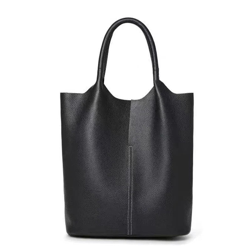 Real Leather Shopper Tote Bag-Tote Bag-Black-Free Shipping Leatheretro