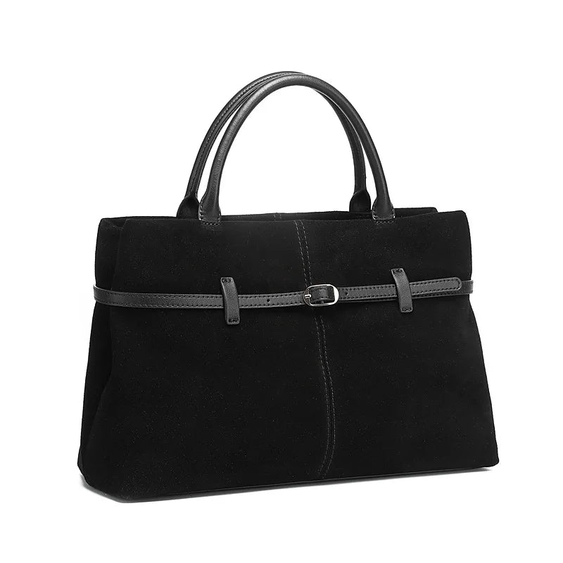 Suede Cowhide Genuine Leather Tote Handbags - Women Luxury Crossbody Bag-Handbags-Black-Free Shipping Leatheretro