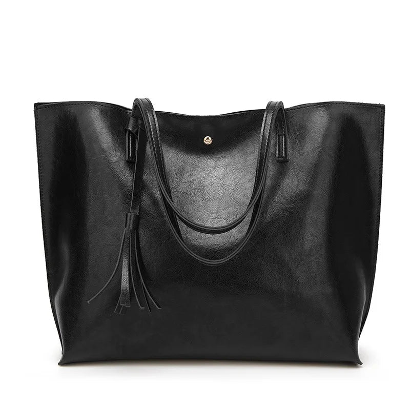Women’s Oil Wax Leather Shoulder Bag – Large Tote Handbag-Tote Bag-Black-Free Shipping Leatheretro