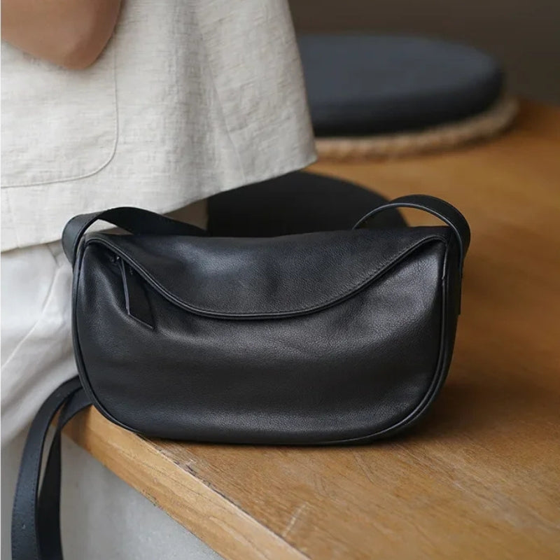 Cowhide Leather Retro Fashion Saddle Bag - Crossbody Luxury Handbag-Handbags-Black-Small-Free Shipping Leatheretro