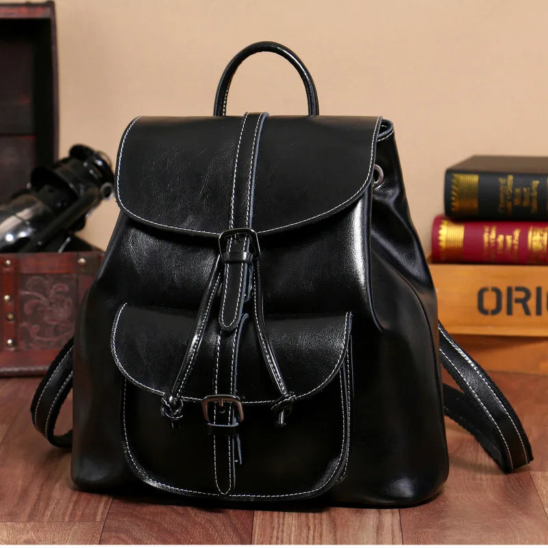 Genuine Waxed Leather Drawstring Backpack for Women-Backpacks-Black-Free Shipping Leatheretro