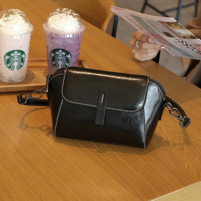 Oil Wax Cowhide Leather Crossbody Bag - Fashionable Versatile Shoulder Shell Handbag-Crossbody Bag-Black-Free Shipping Leatheretro