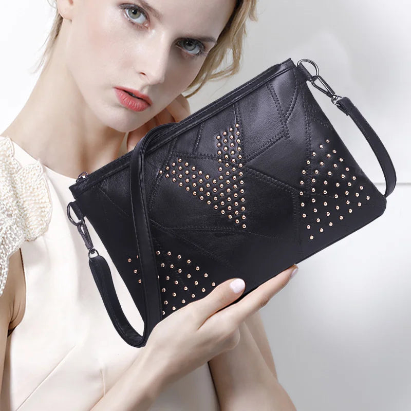 Women’s Black Rivet Shoulder Bag – Small Crossbody Messenger Handbag-Handbags-Black-Free Shipping Leatheretro