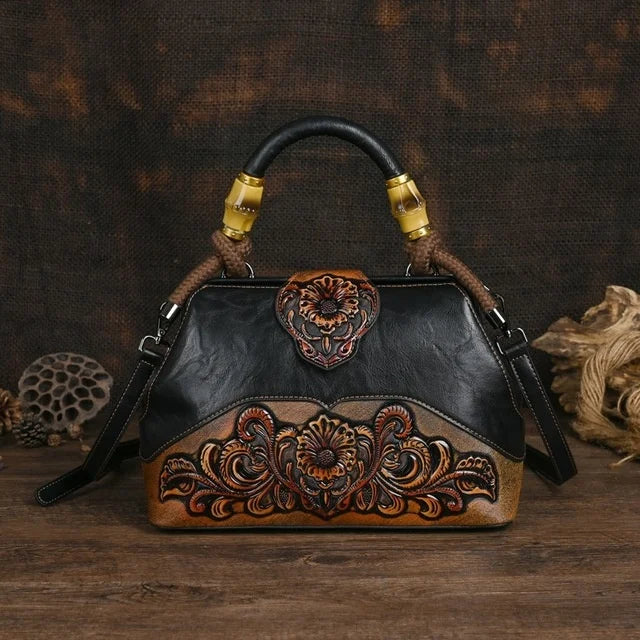 Women Leather Handmade Luxury Shoulder Handbag - Vintage Carved Ladies Bag-Black-Free Shipping Leatheretro