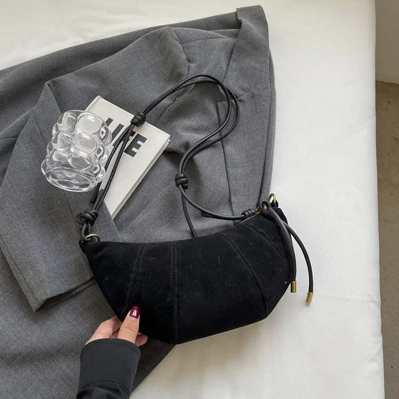 Dumpling-shaped Croissant Shoulder Bag - Texture Versatile Velvet Zipper Handbag-Shoulder Bag-Black-Free Shipping Leatheretro