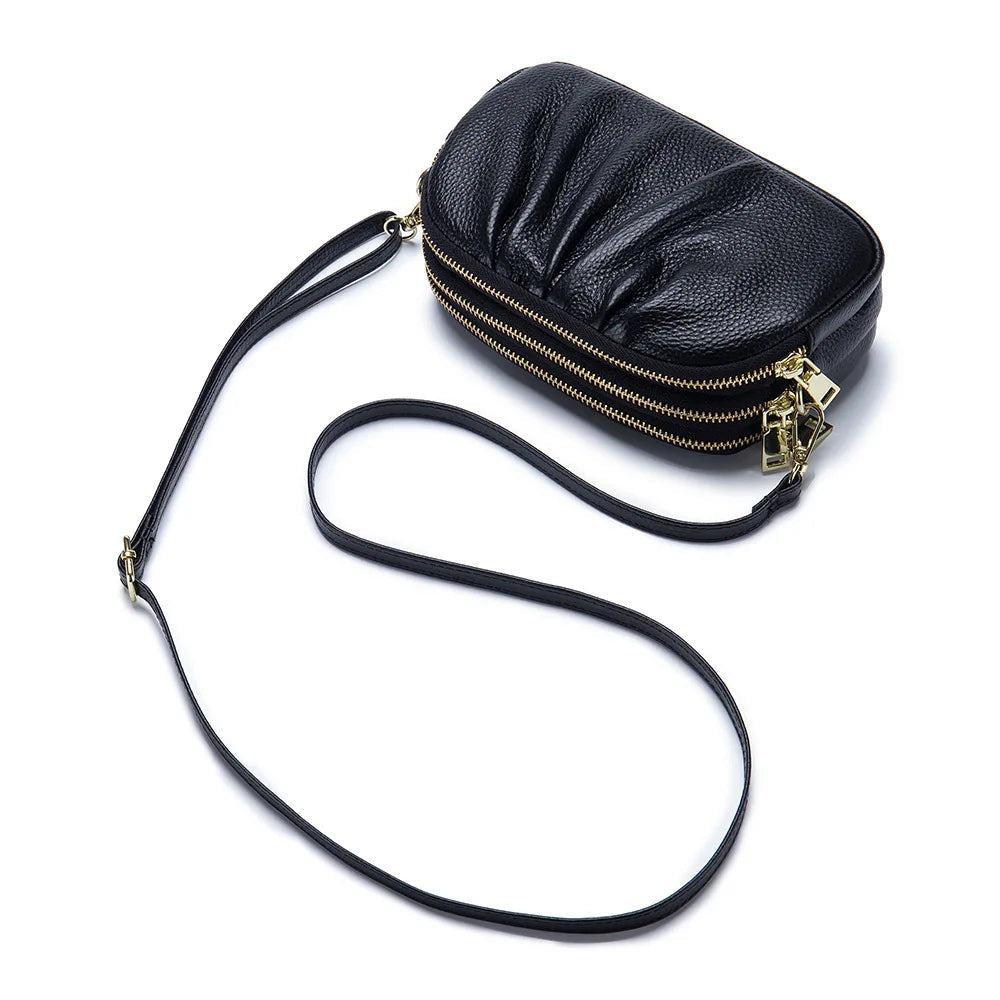 Genuine Leather Triple Zipper Crossbody Messenger Bag-Handbags-Black-Free Shipping Leatheretro