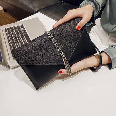 PU leather Tassels ladies Women Shoulder Bag - Envelope Clutches Purse-Clutch-Black-Free Shipping Leatheretro