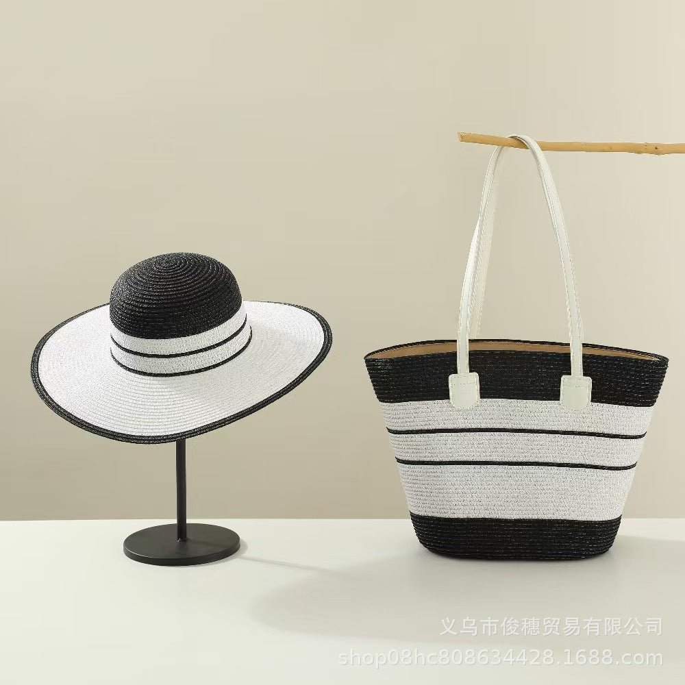 Handmade Designer Beach Straw Hat and Bag Set for Women-Tote Bag-Black-Free Shipping Leatheretro