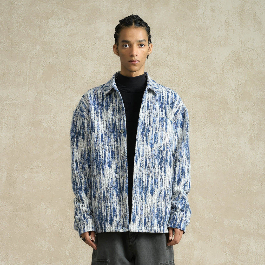 BONELESS Jacquard Button-Up Utility Jacket-Shirt-S-Blue-Free Shipping Leatheretro