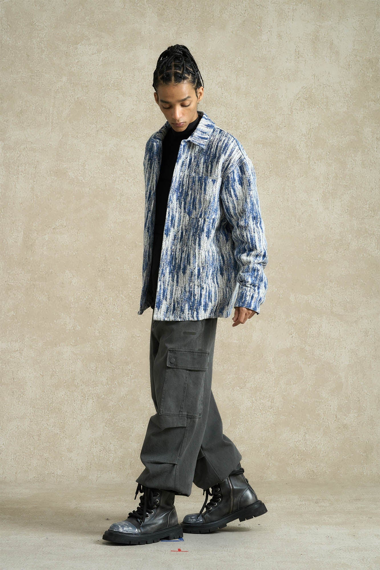 BONELESS Jacquard Button-Up Utility Jacket-Shirt-S-Blue-Free Shipping Leatheretro