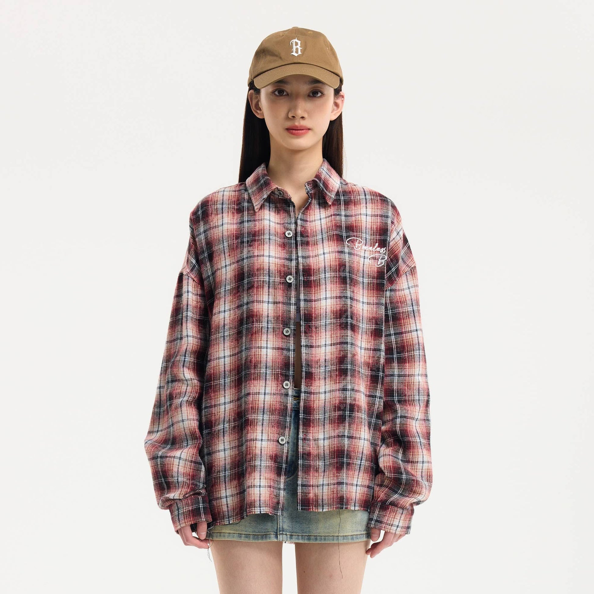 BONELESS Grunge Faded Check Band Patch Shirt-Shirt-S-Red-Free Shipping Leatheretro