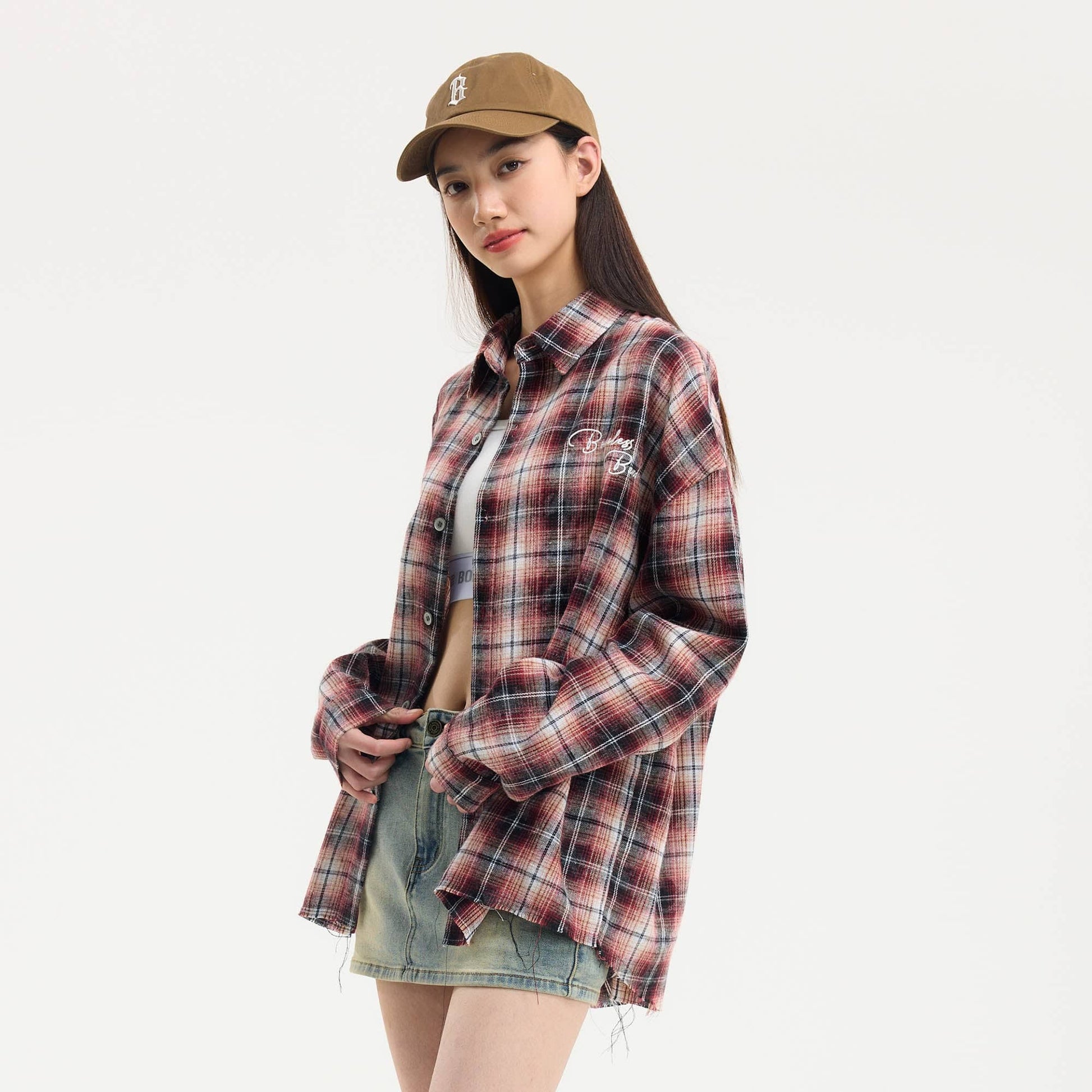 BONELESS Grunge Faded Check Band Patch Shirt-Shirt-S-Blue-Free Shipping Leatheretro