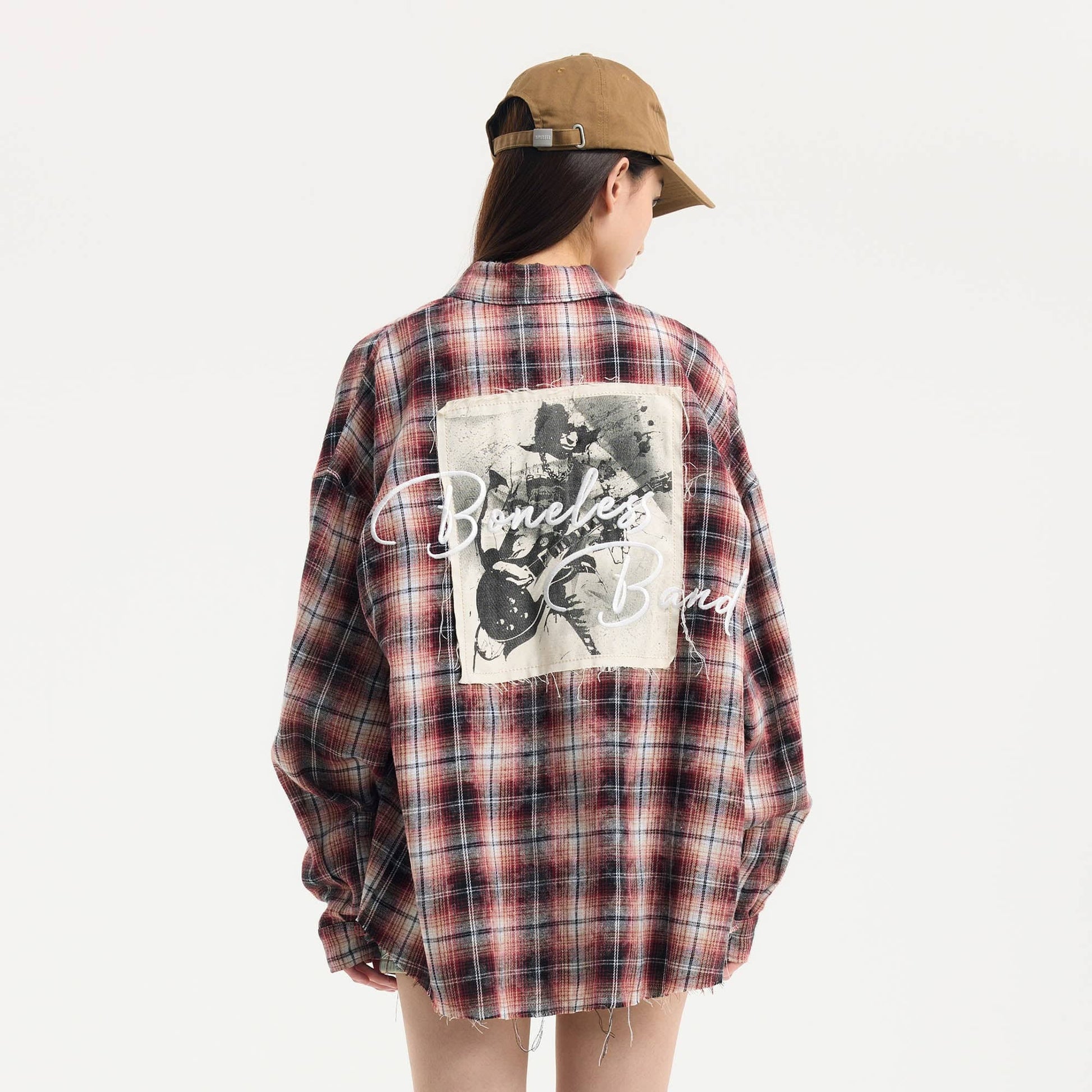 BONELESS Grunge Faded Check Band Patch Shirt-Shirt-S-Blue-Free Shipping Leatheretro