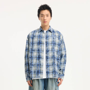 BONELESS Grunge Faded Check Band Patch Shirt-Shirt-S-Blue-Free Shipping Leatheretro