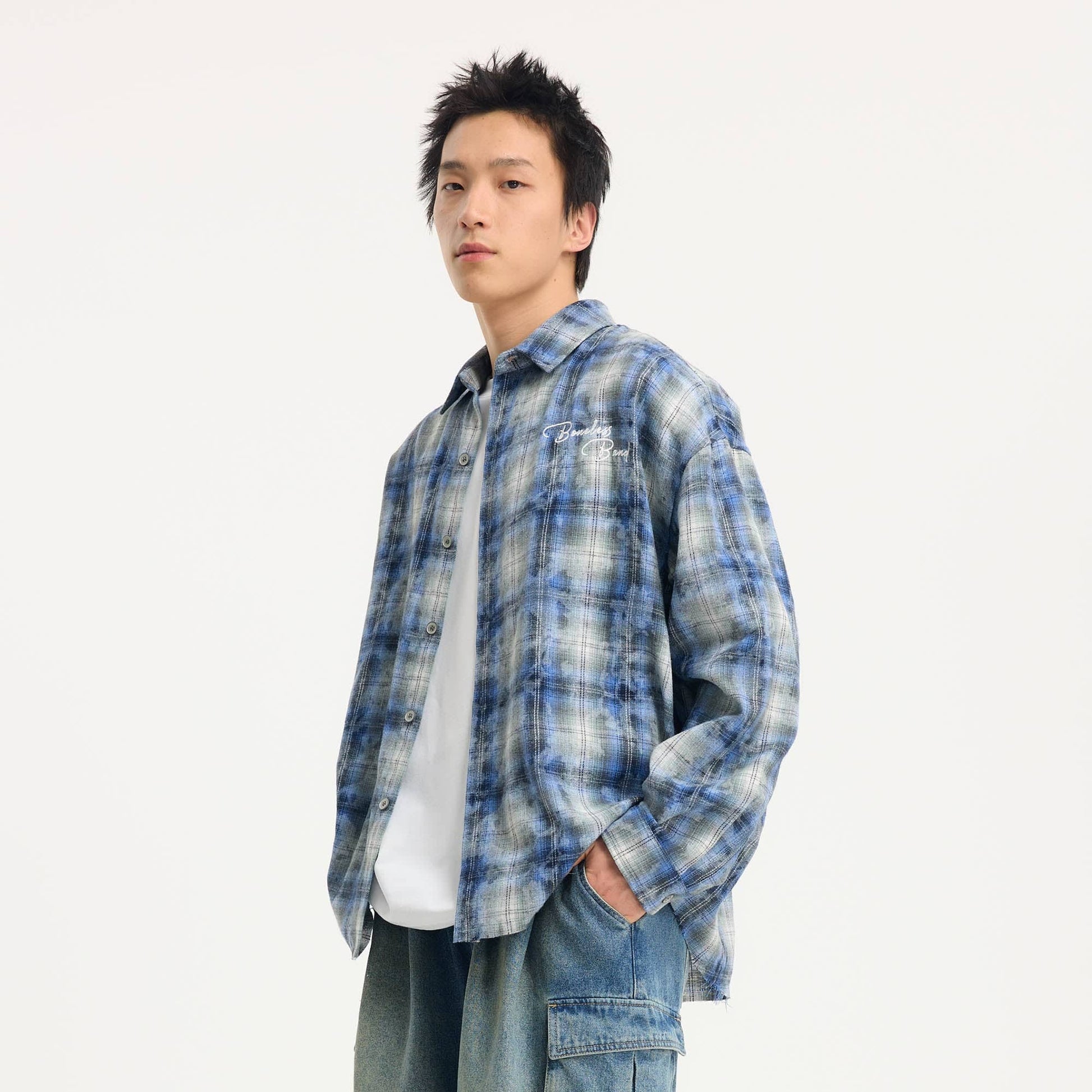 BONELESS Grunge Faded Check Band Patch Shirt-Shirt-S-Blue-Free Shipping Leatheretro