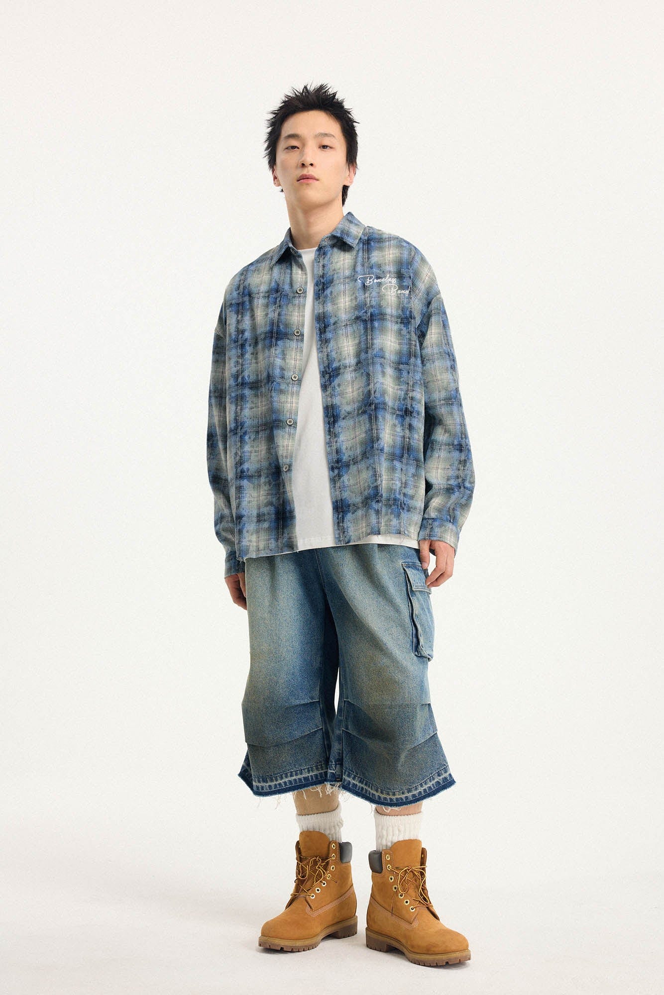 BONELESS Grunge Faded Check Band Patch Shirt-Shirt-S-Blue-Free Shipping Leatheretro