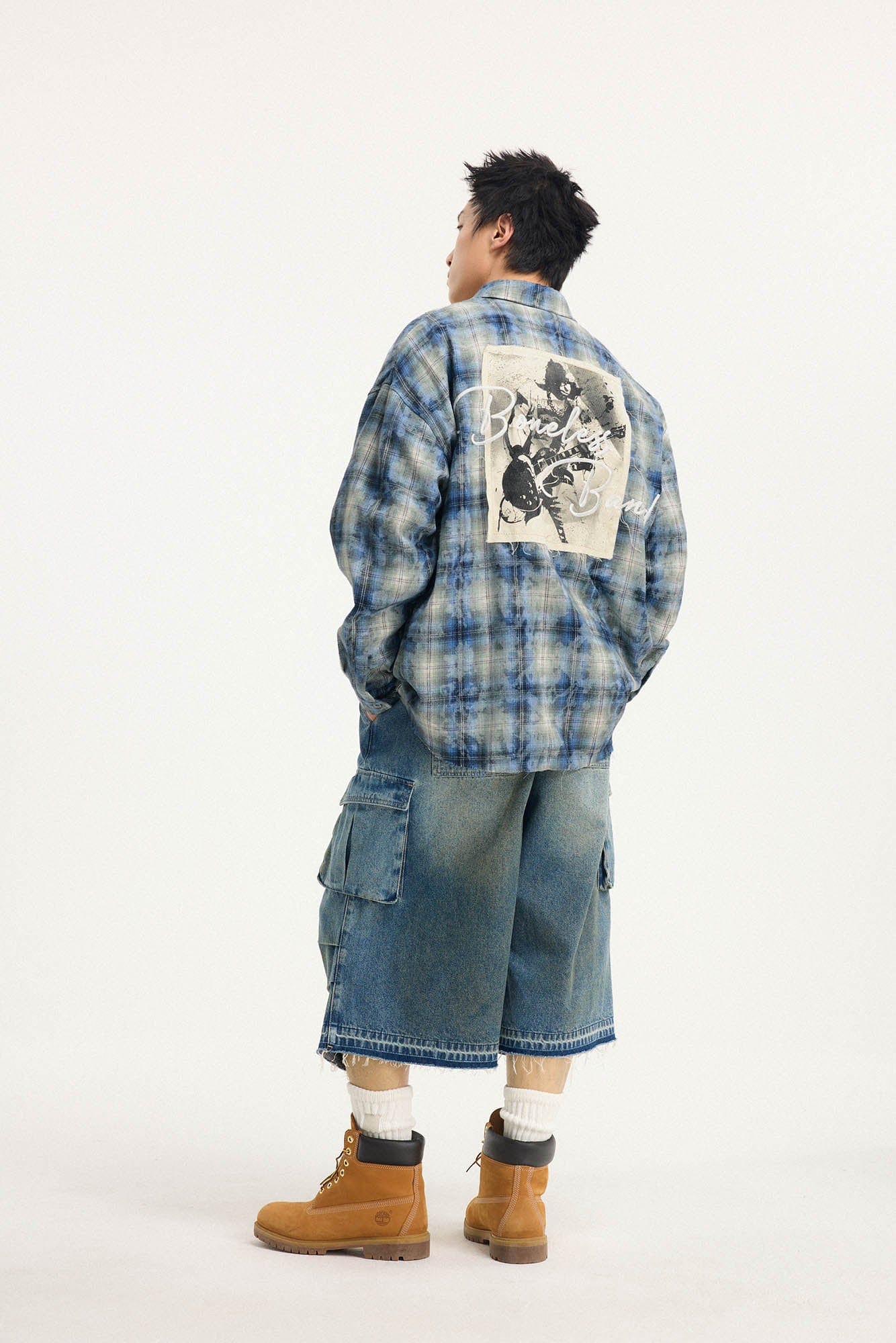 BONELESS Grunge Faded Check Band Patch Shirt-Shirt-S-Blue-Free Shipping Leatheretro