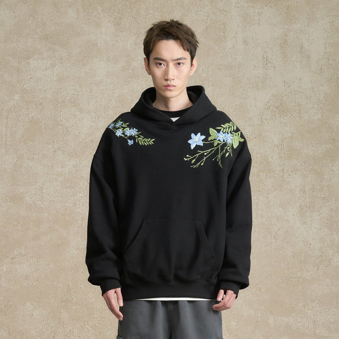 BONELESS Floral Embroidered Fleece-Lined Hoodie-Hoodie-S-Black-Free Shipping Leatheretro
