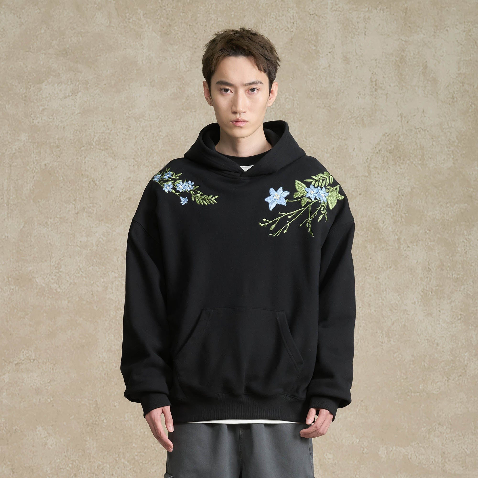 BONELESS Floral Embroidered Fleece-Lined Hoodie-Hoodie-S-Black-Free Shipping Leatheretro