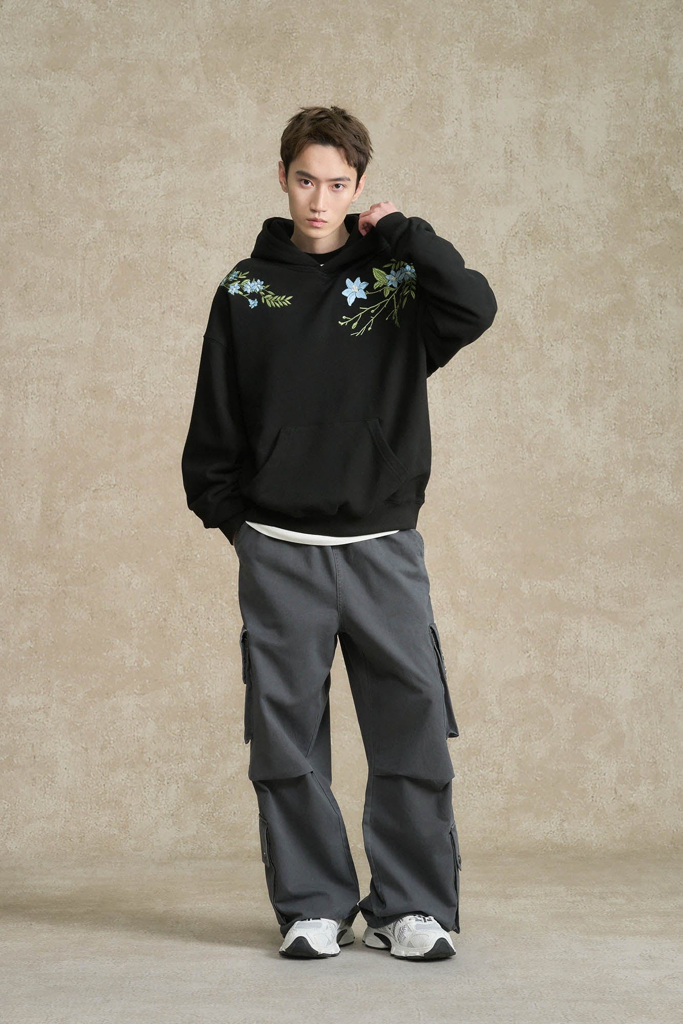 BONELESS Floral Embroidered Fleece-Lined Hoodie-Hoodie-S-Black-Free Shipping Leatheretro