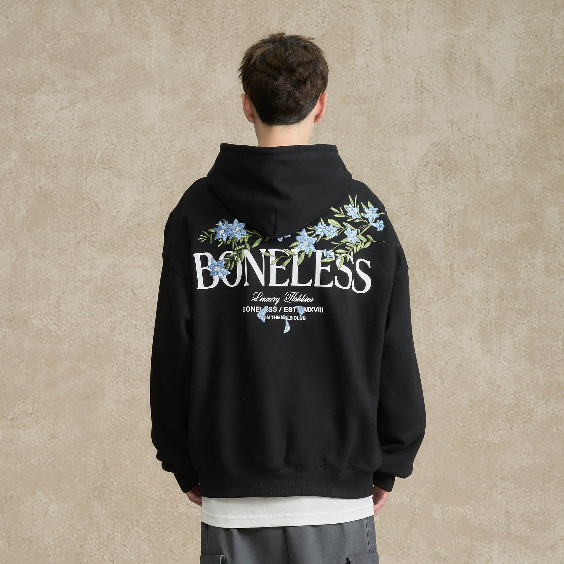 BONELESS Floral Embroidered Fleece-Lined Hoodie-Hoodie-S-Black-Free Shipping Leatheretro