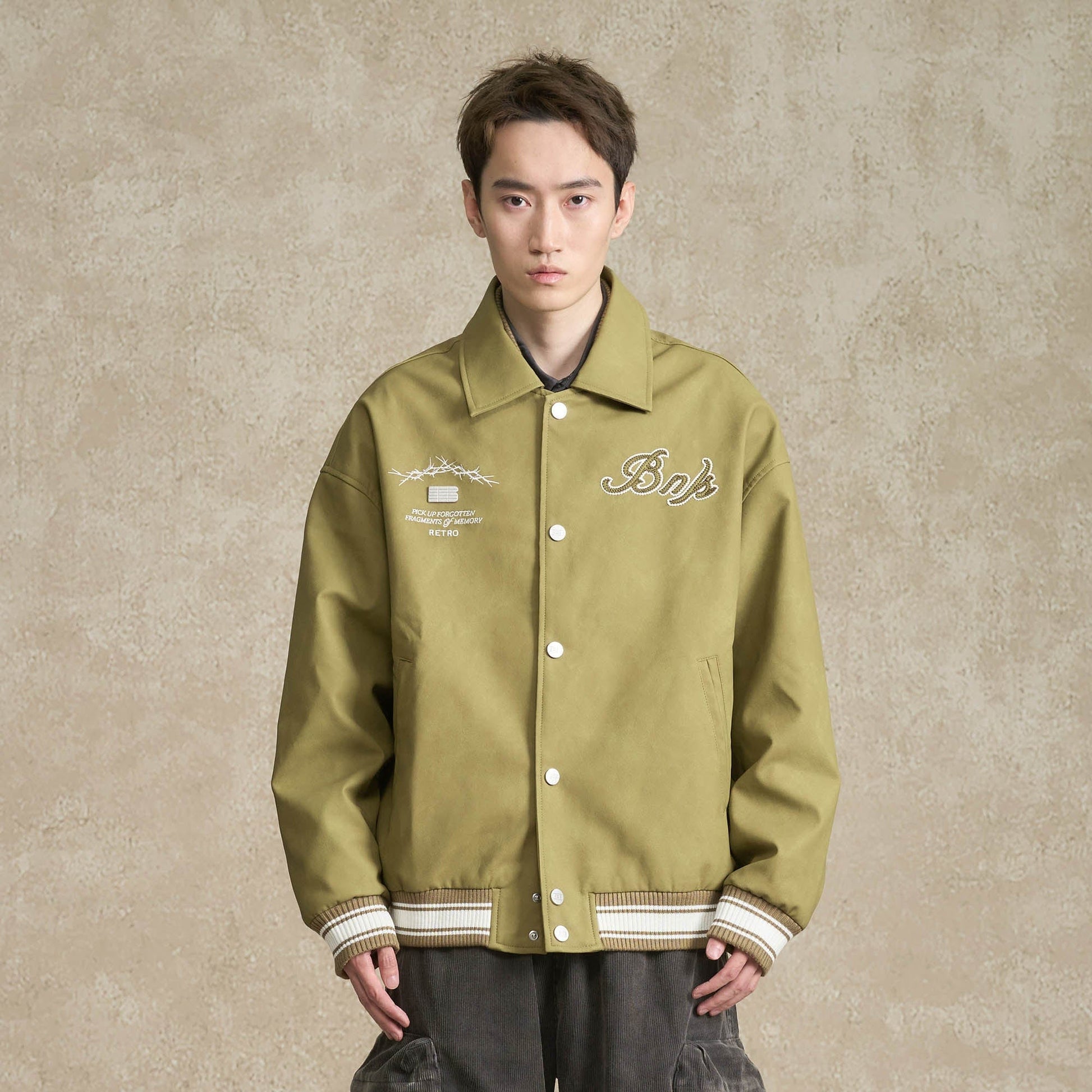 BONELESS Embroidered Logo PU Varsity Jacket-Jacket-S-Green-Free Shipping Leatheretro