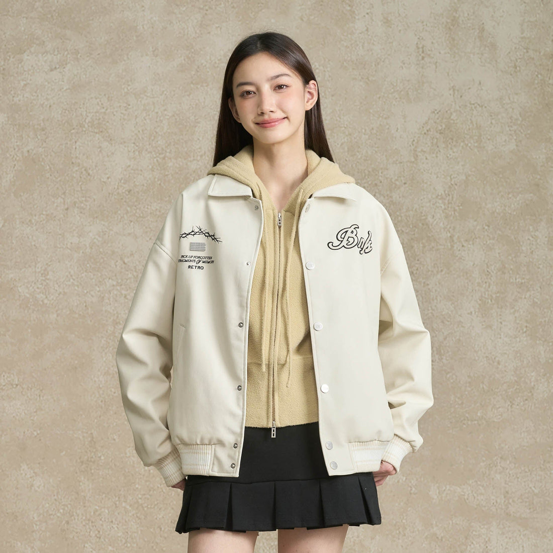 BONELESS Embroidered Logo PU Varsity Jacket-Jacket-S-Black-Free Shipping Leatheretro