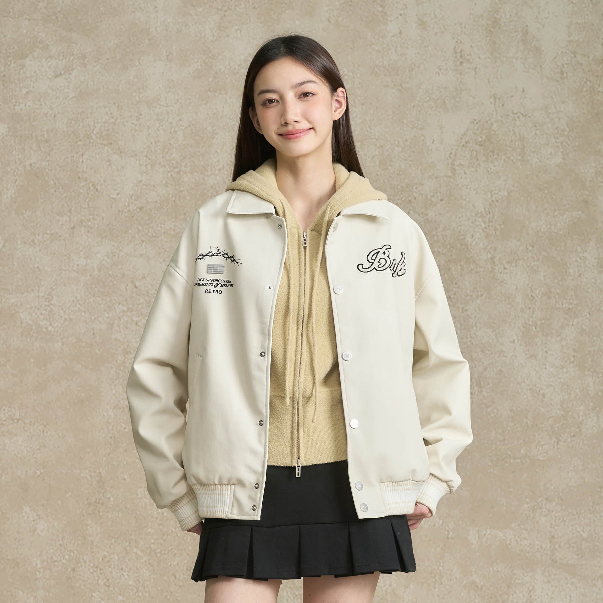 BONELESS Embroidered Logo PU Varsity Jacket-Jacket-S-Beige-Free Shipping Leatheretro