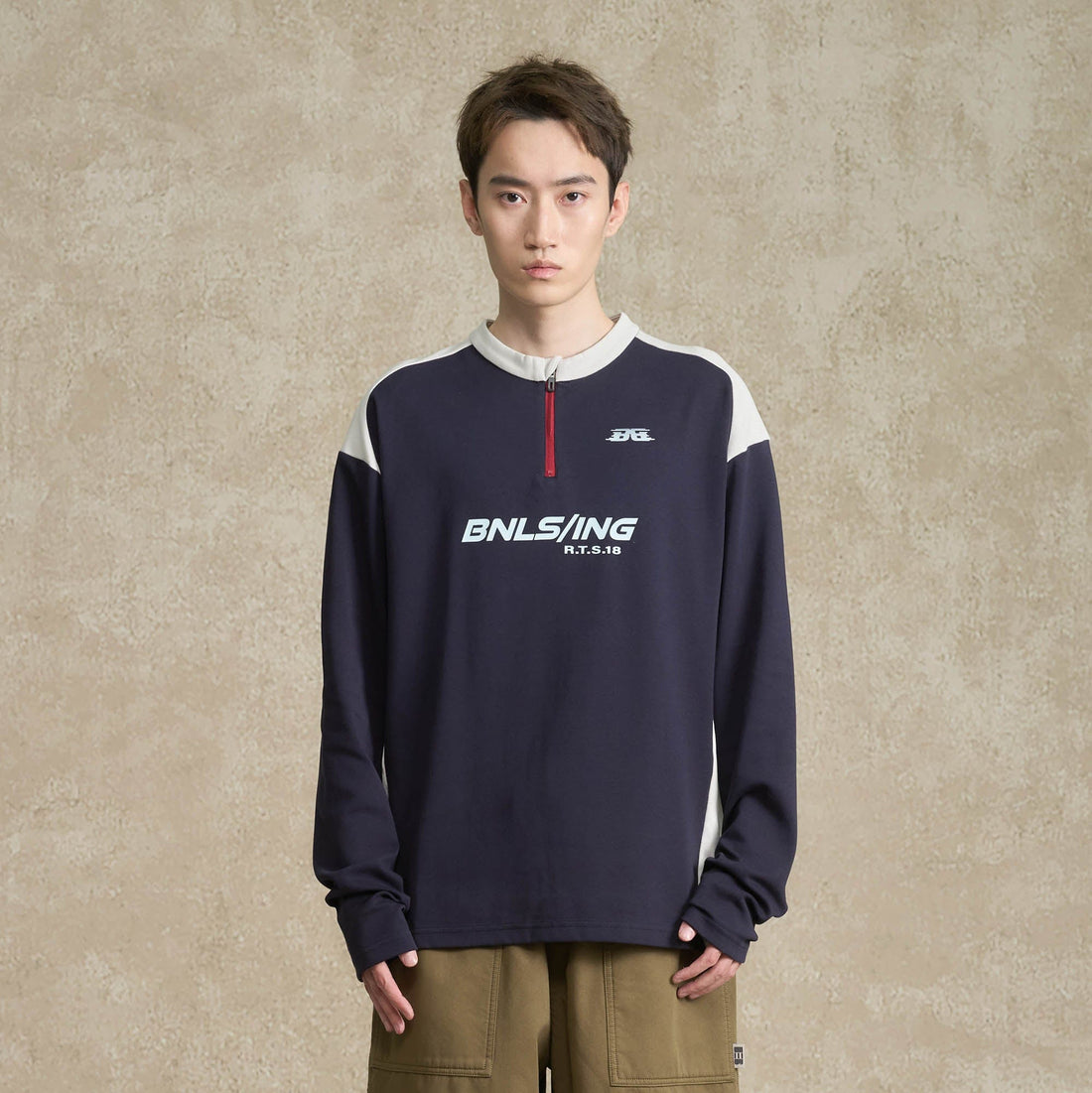 BONELESS Contrast Half-Zip Racing Long-Sleeve Tee-L/S Tee-S-Blue-Free Shipping Leatheretro