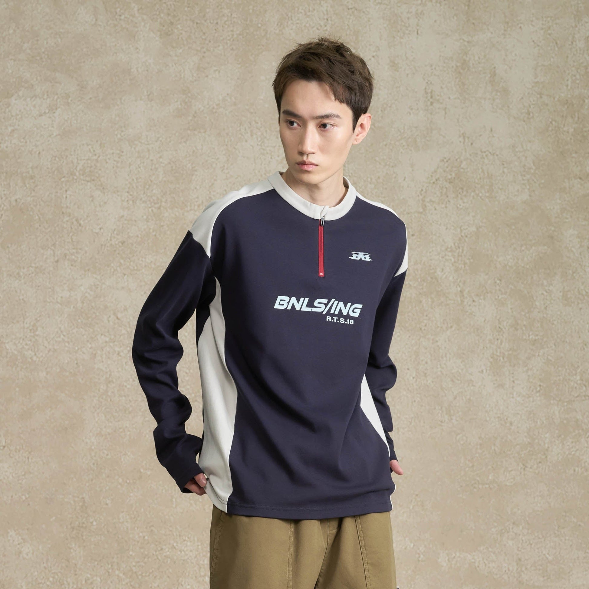 BONELESS Contrast Half-Zip Racing Long-Sleeve Tee-L/S Tee-S-Blue-Free Shipping Leatheretro