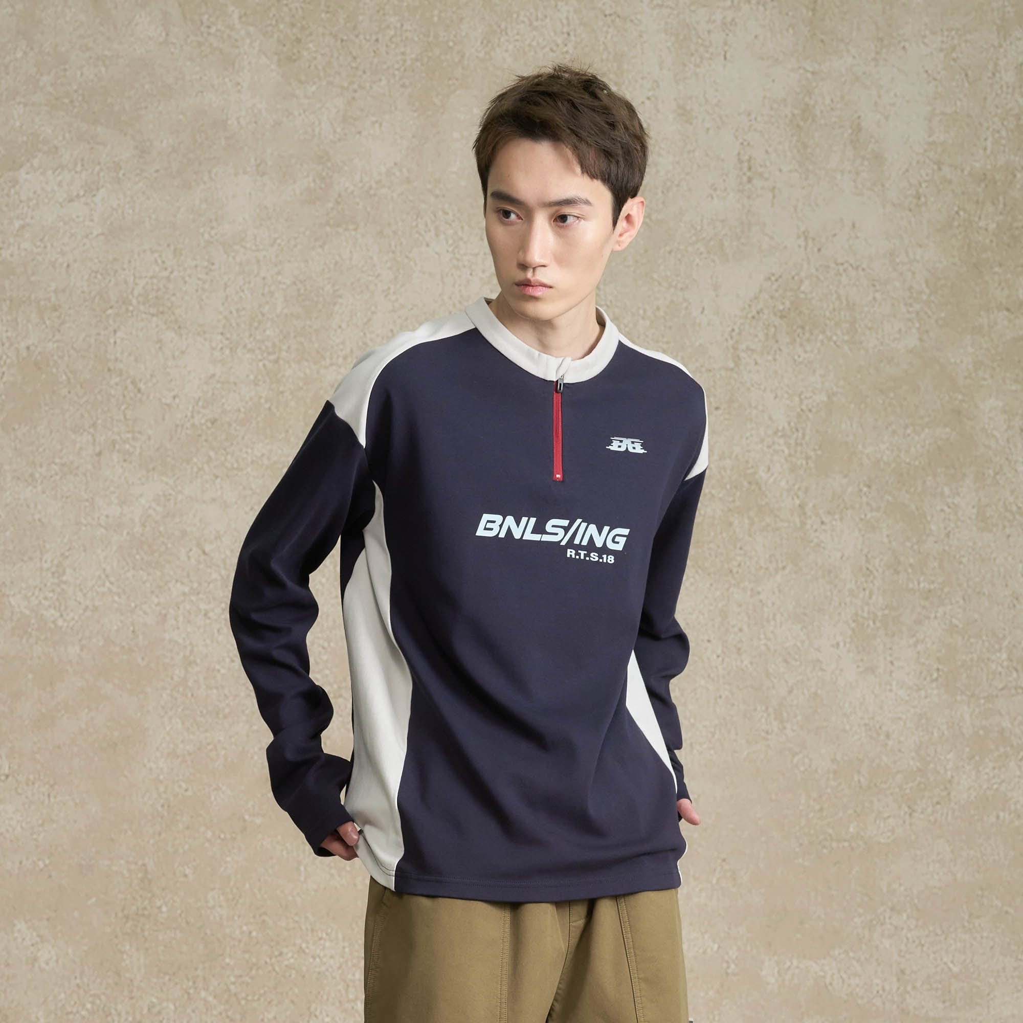 BONELESS Contrast Half-Zip Racing Long-Sleeve Tee-L/S Tee-S-Blue-Free Shipping Leatheretro